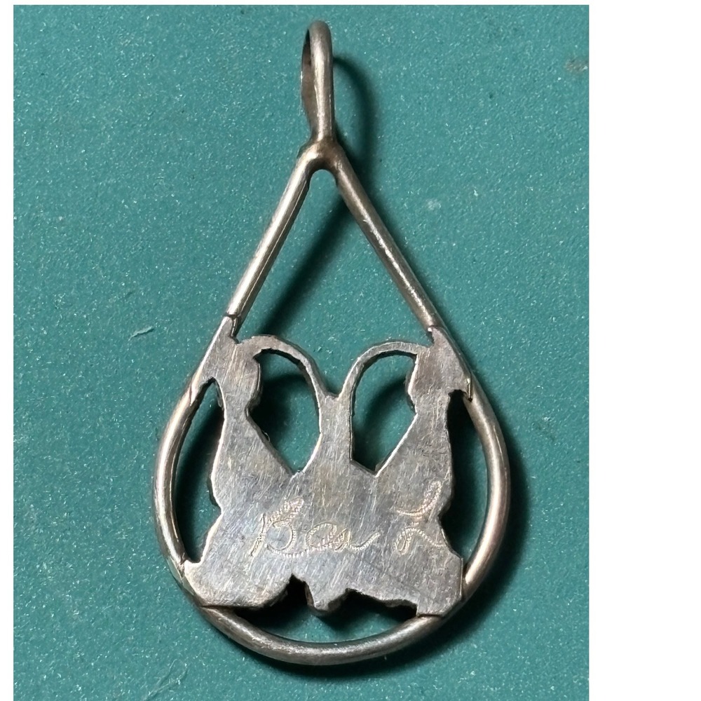 Zuni Sterling Silver Butterfly Inlay Teardrop Pendant Signed Turquoise Coral - Picture 3 of 6